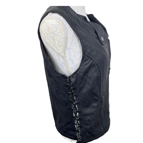 Biker Motorcycle Vest Womens Sz Med Soft Black Leather Zip Side Laces NWT Pocket - Picture 6 of 15